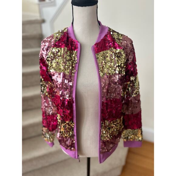 Cat & Jack Girl's Pink, Purple & Gold Sequin Zip Up Sweatshirt - Picture 4 of 7